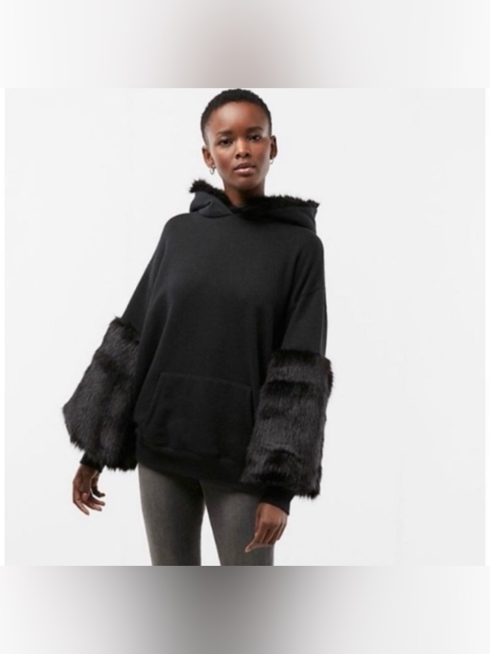 NWT Express Faux Fur Sleeve Oversized Hoodie Black Women’s L